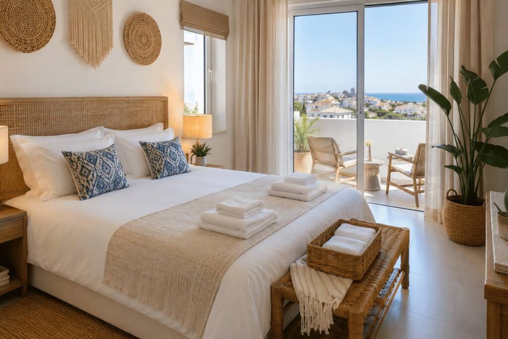 Quarto de alojamento local no Algarve com roupa de cama e toalhas limpas