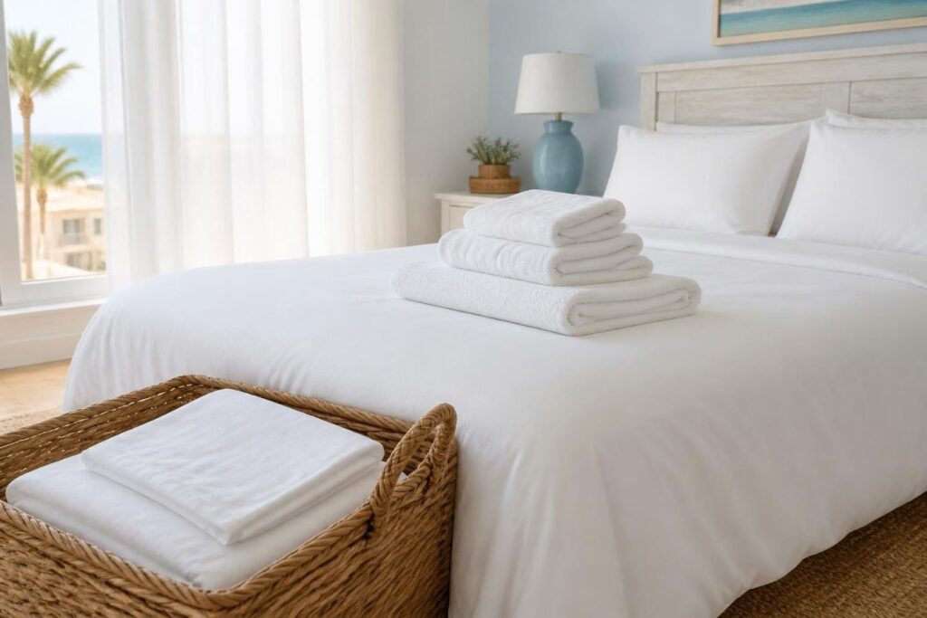 Cama de alojamento local no Algarve com roupa de cama branca e toalhas lavadas da BS Lavandaria