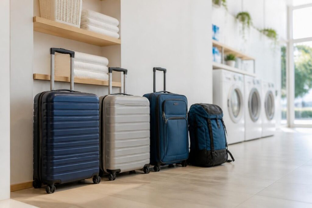 Malas de viagem guardadas no espaço de guarda-bagagem da BS Lavandaria em Portimão